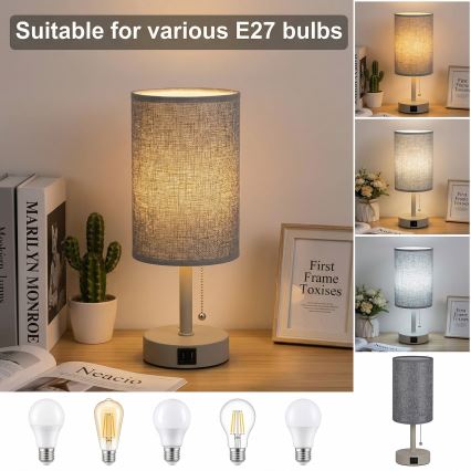 Brilagi - Namizna svetilka z USB-priključkom TABLON 1xE27/25W/230V bež/siva
