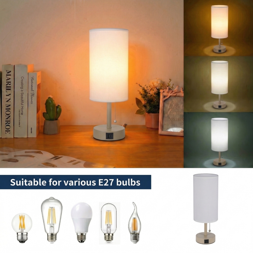 Brilagi - Namizna svetilka z USB-priključkom TABLON 1xE27/25W/230V bežna/bela