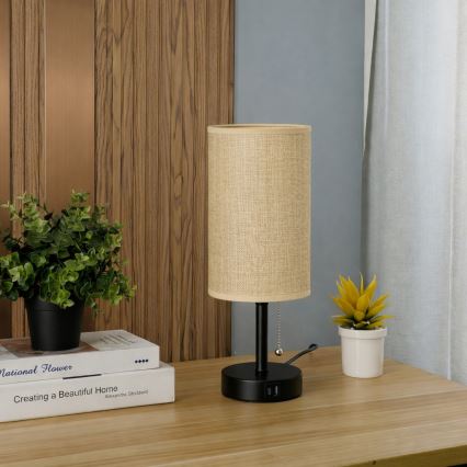 Brilagi - Namizna svetilka z USB-priključkom TABLON 1xE27/25W/230V črna/bež