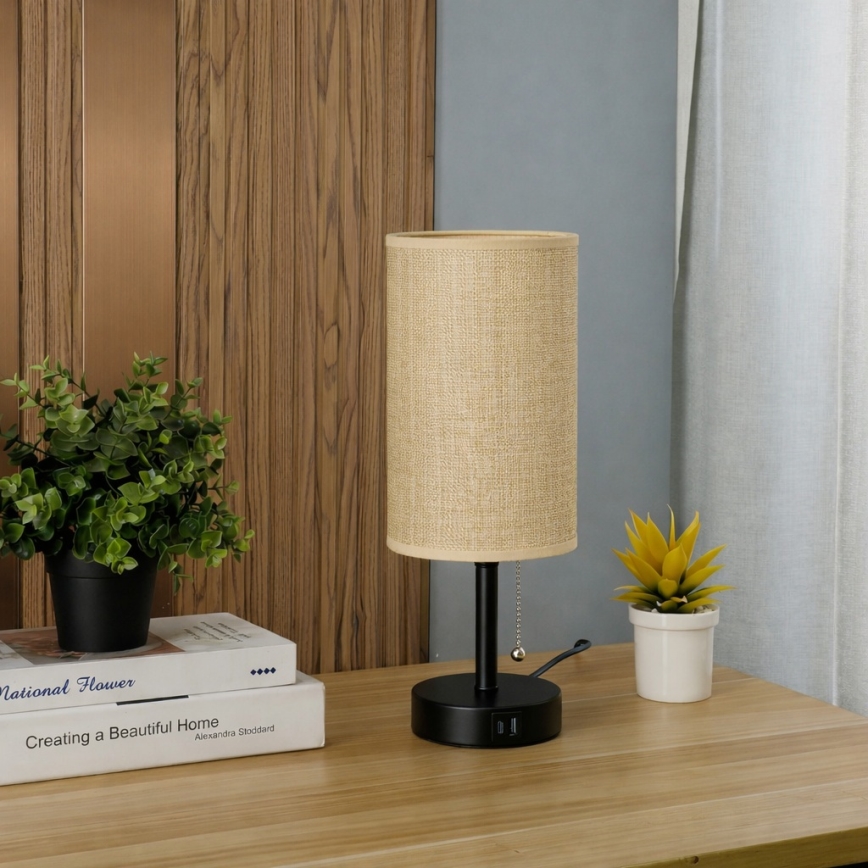 Brilagi - Namizna svetilka z USB-priključkom TABLON 1xE27/25W/230V črna/bež