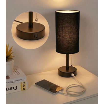 Brilagi - Namizna svetilka z USB-priključkom TABLON 1xE27/25W/230V črna