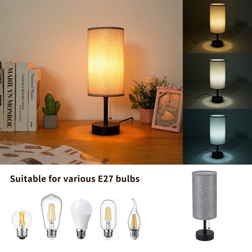 Brilagi - Namizna svetilka z USB priključkom TABLON 1xE27/25W/230V črna/siva