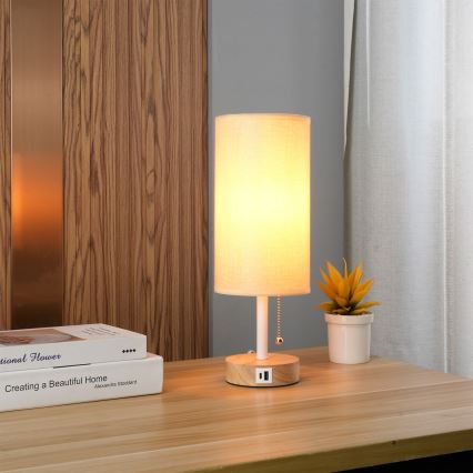 Brilagi - Namizna svetilka z USB-priključkom TABLON 1xE27/25W/230V hrast/bela/bež