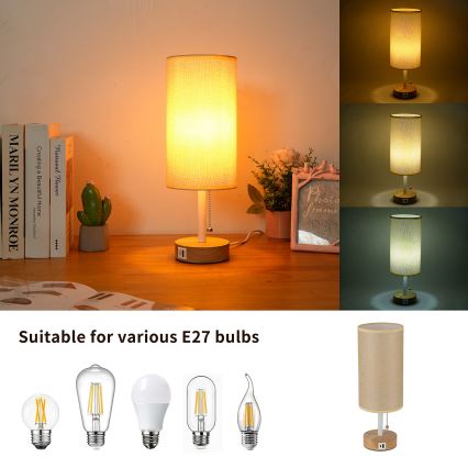 Brilagi - Namizna svetilka z USB-priključkom TABLON 1xE27/25W/230V hrast/bela/bež