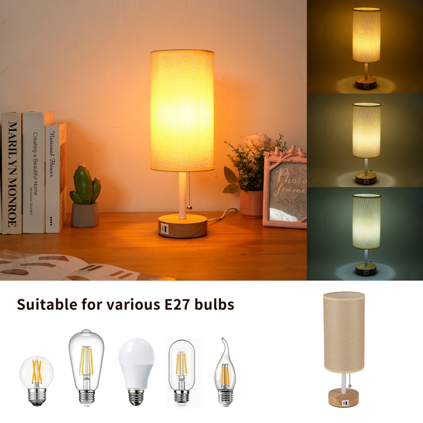 Brilagi - Namizna svetilka z USB-priključkom TABLON 1xE27/25W/230V hrast/bela/bež