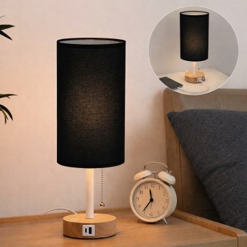 Brilagi - Namizna svetilka z USB-priključkom TABLON 1xE27/25W/230V hrast/bela/črna