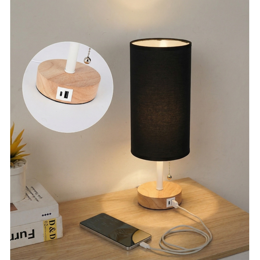 Brilagi - Namizna svetilka z USB-priključkom TABLON 1xE27/25W/230V hrast/bela/črna