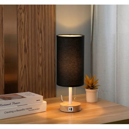 Brilagi - Namizna svetilka z USB-priključkom TABLON 1xE27/25W/230V hrast/bela/črna