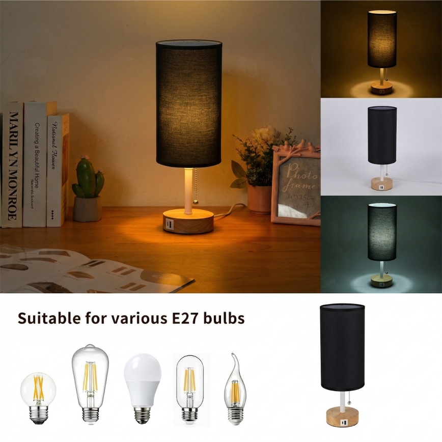 Brilagi - Namizna svetilka z USB-priključkom TABLON 1xE27/25W/230V hrast/bela/črna