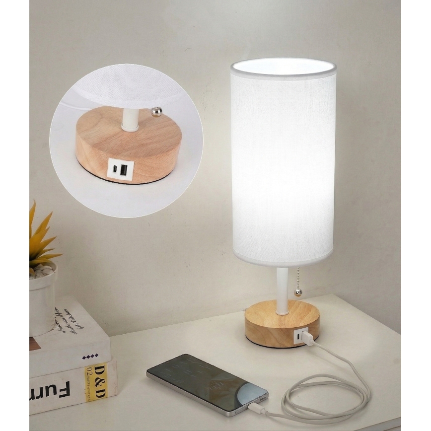 Brilagi - Namizna svetilka z USB priključkom TABLON 1xE27/25W/230V hrast/bela