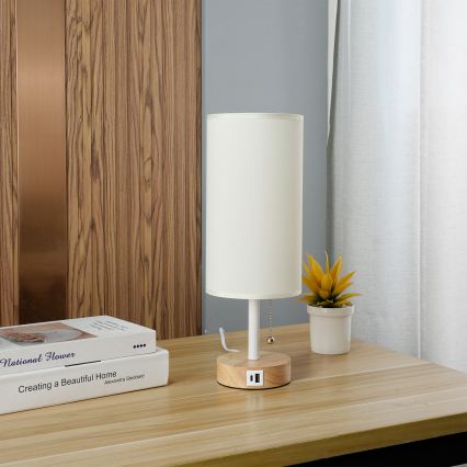 Brilagi - Namizna svetilka z USB-priključkom TABLON 1xE27/25W/230V hrast/bela/kremna