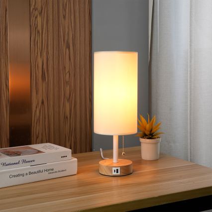 Brilagi - Namizna svetilka z USB-priključkom TABLON 1xE27/25W/230V hrast/bela/kremna