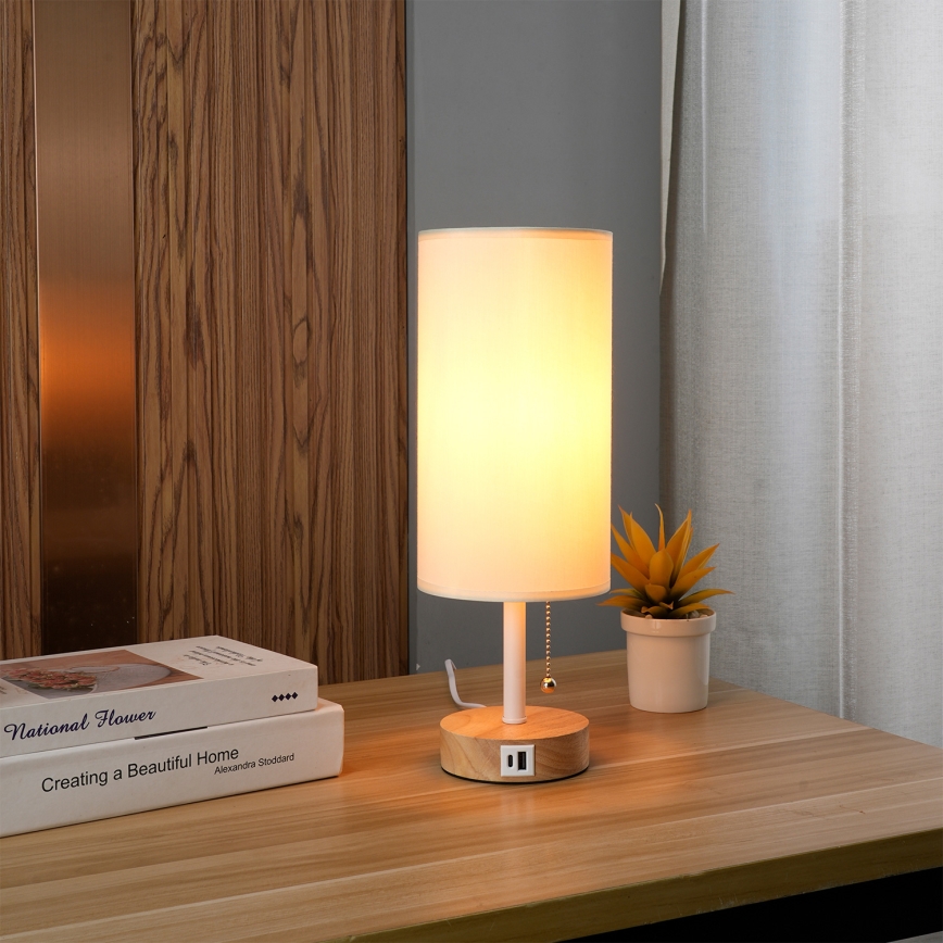 Brilagi - Namizna svetilka z USB-priključkom TABLON 1xE27/25W/230V hrast/bela/kremna