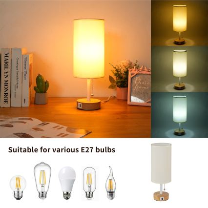 Brilagi - Namizna svetilka z USB-priključkom TABLON 1xE27/25W/230V hrast/bela/kremna