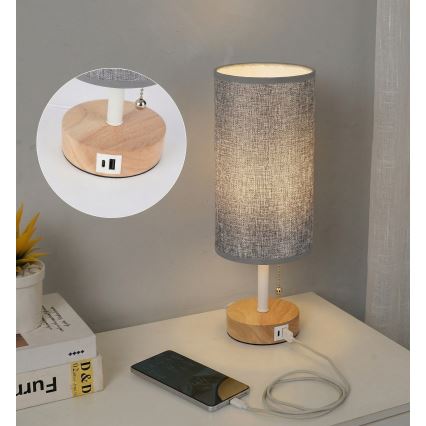 Brilagi - Namizna svetilka z USB-priključkom TABLON 1xE27/25W/230V hrast/bela/siva