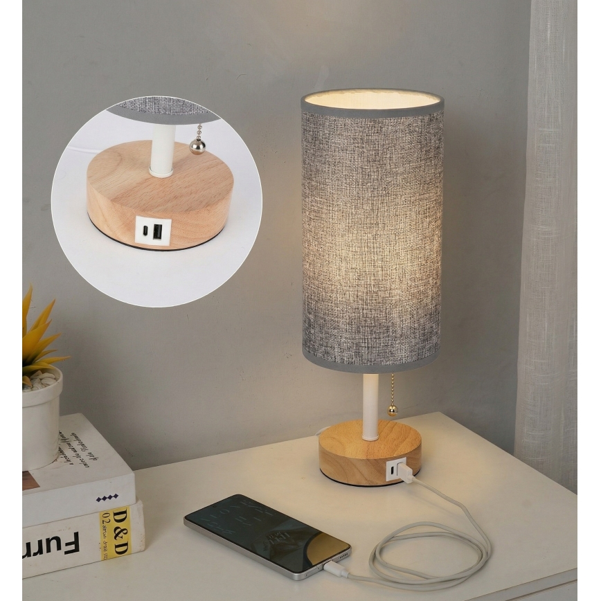 Brilagi - Namizna svetilka z USB-priključkom TABLON 1xE27/25W/230V hrast/bela/siva