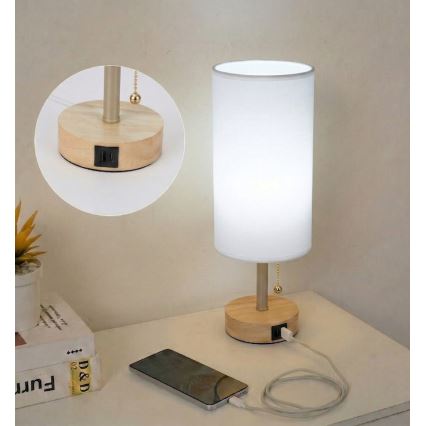 Brilagi - Namizna svetilka z USB-priključkom TABLON 1xE27/25W/230V hrast/bež/bela