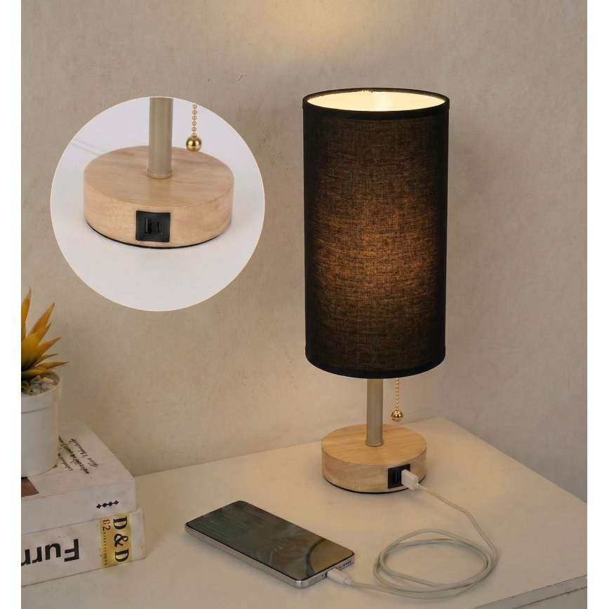 Brilagi - Namizna svetilka z USB-priključkom TABLON 1xE27/25W/230V hrast/bež/črna