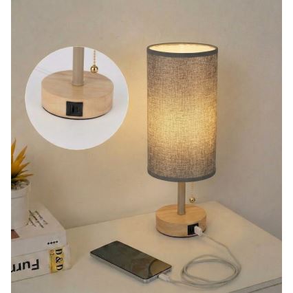Brilagi - Namizna svetilka z USB priključkom TABLON 1xE27/25W/230V hrast/bež/siva