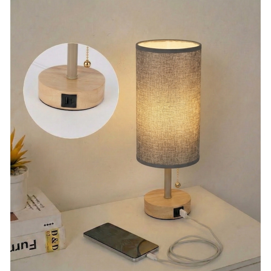 Brilagi - Namizna svetilka z USB priključkom TABLON 1xE27/25W/230V hrast/bež/siva