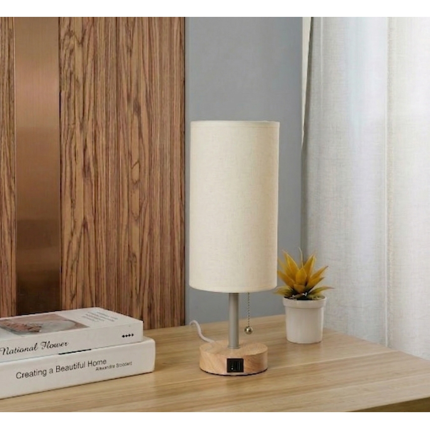 Brilagi - Namizna svetilka z USB-priključkom TABLON 1xE27/25W/230V hrast/bežna/kremna