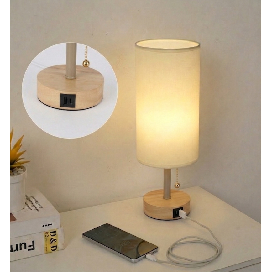 Brilagi - Namizna svetilka z USB-priključkom TABLON 1xE27/25W/230V hrast/bežna/kremna