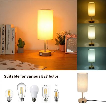 Brilagi - Namizna svetilka z USB-priključkom TABLON 1xE27/25W/230V hrast/bežna/kremna