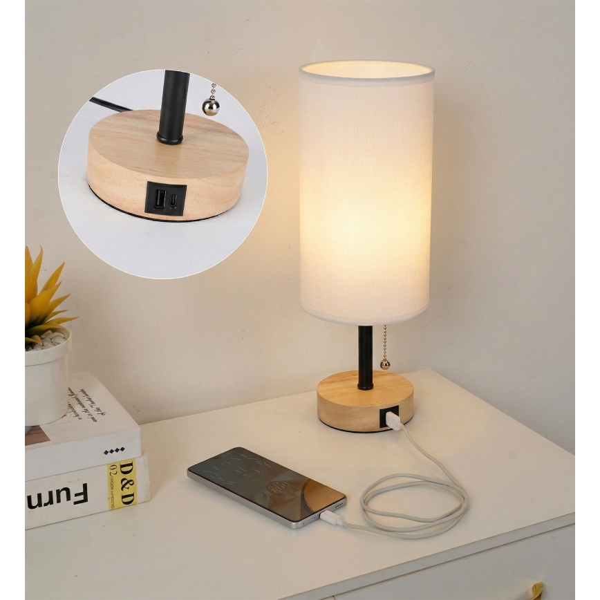 Brilagi - Namizna svetilka z USB-priključkom TABLON 1xE27/25W/230V hrast/črna/bela