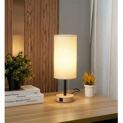 Brilagi - Namizna svetilka z USB-priključkom TABLON 1xE27/25W/230V hrast/črna/bela
