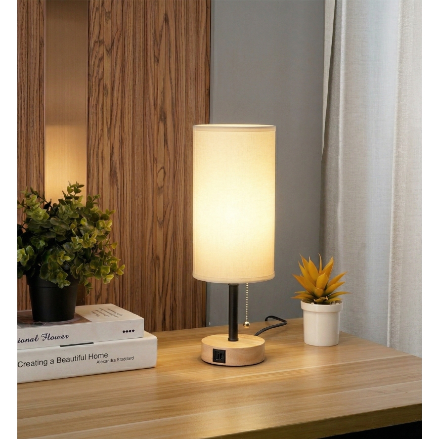 Brilagi - Namizna svetilka z USB-priključkom TABLON 1xE27/25W/230V hrast/črna/bela