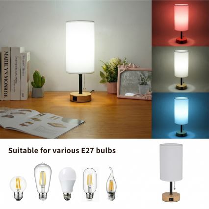 Brilagi - Namizna svetilka z USB-priključkom TABLON 1xE27/25W/230V hrast/črna/bela