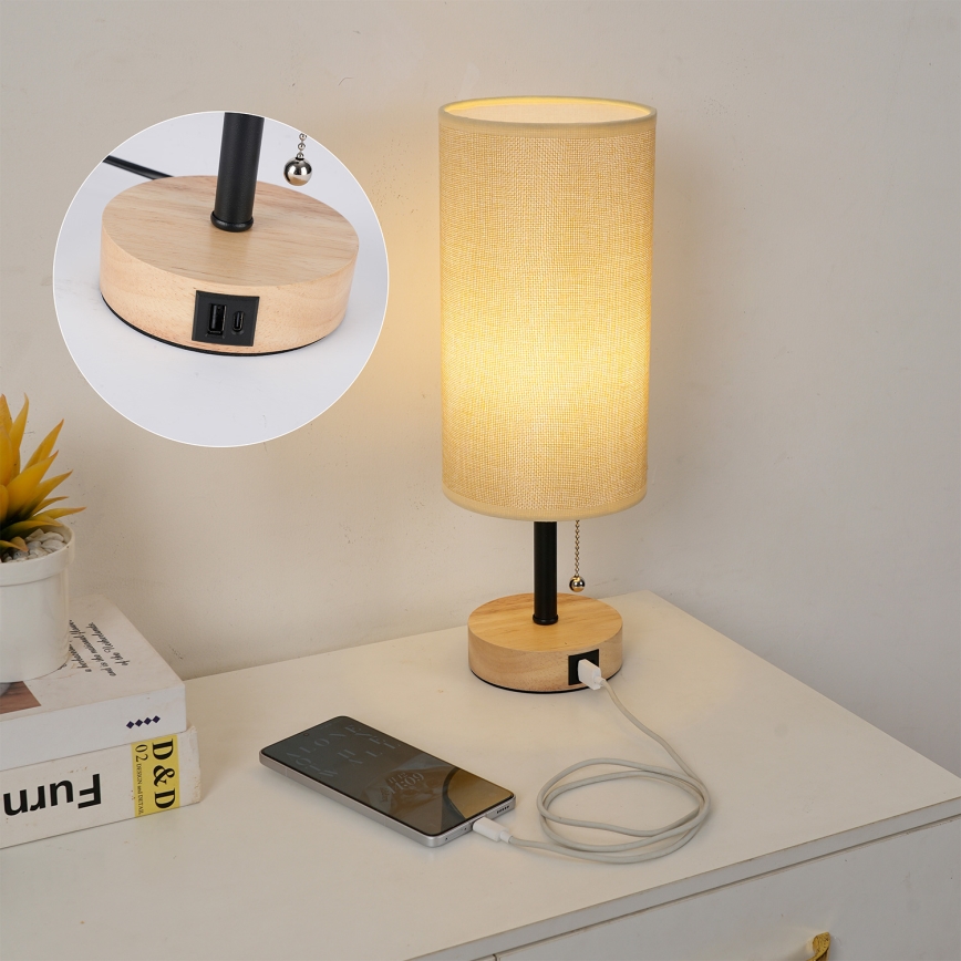 Brilagi - Namizna svetilka z USB priključkom TABLON 1xE27/25W/230V hrast/črna/bež