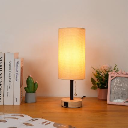 Brilagi - Namizna svetilka z USB priključkom TABLON 1xE27/25W/230V hrast/črna/bež