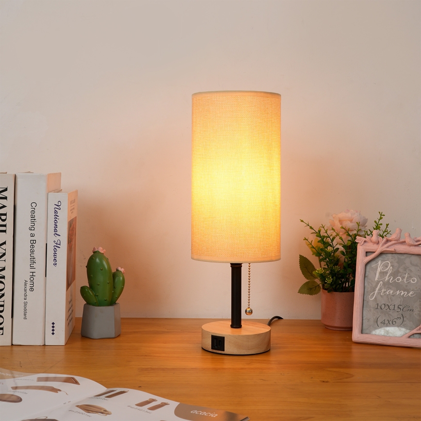 Brilagi - Namizna svetilka z USB priključkom TABLON 1xE27/25W/230V hrast/črna/bež