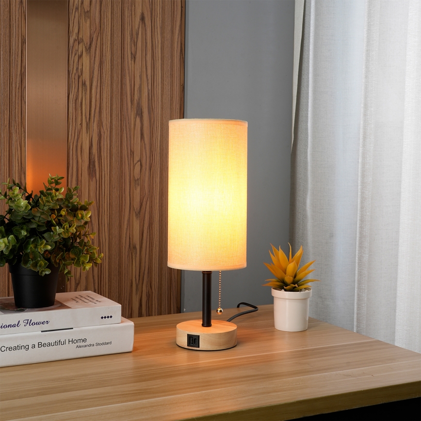 Brilagi - Namizna svetilka z USB priključkom TABLON 1xE27/25W/230V hrast/črna/bež