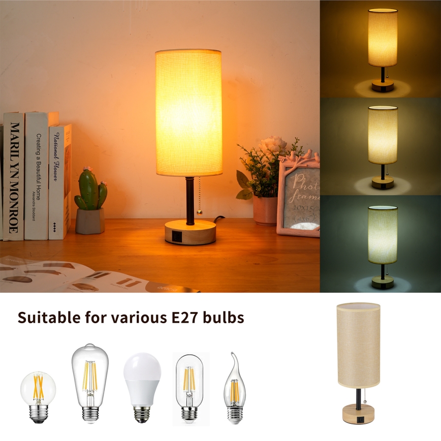 Brilagi - Namizna svetilka z USB priključkom TABLON 1xE27/25W/230V hrast/črna/bež