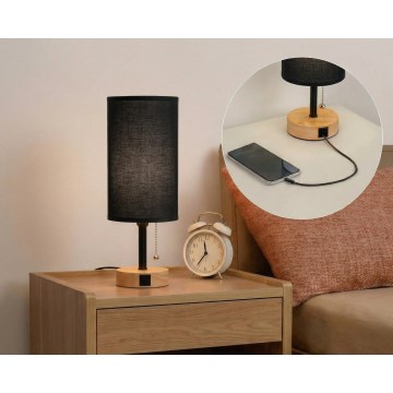 Brilagi - Namizna svetilka z USB priključkom TABLON 1xE27/25W/230V hrast/črna