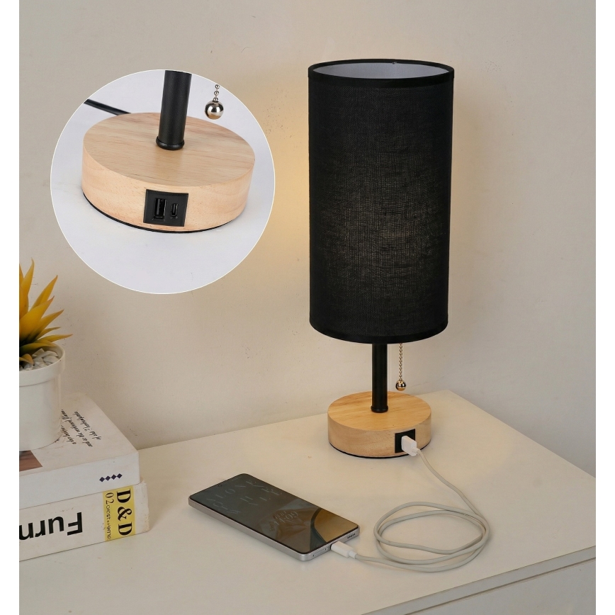 Brilagi - Namizna svetilka z USB priključkom TABLON 1xE27/25W/230V hrast/črna