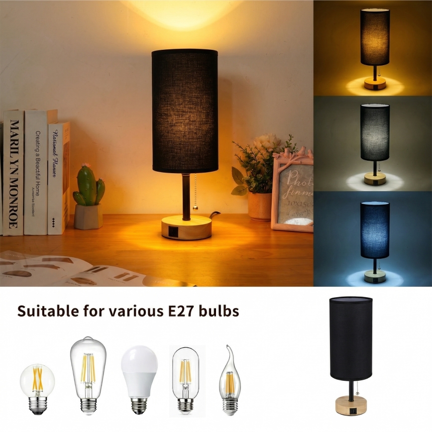 Brilagi - Namizna svetilka z USB priključkom TABLON 1xE27/25W/230V hrast/črna