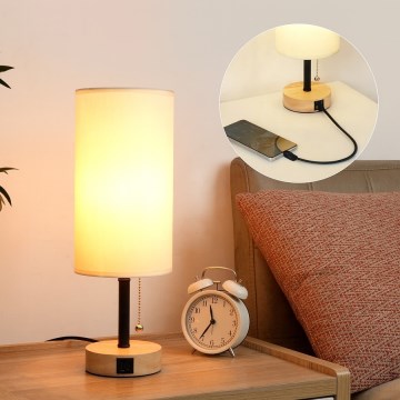 Brilagi - Namizna svetilka z USB-priključkom TABLON 1xE27/25W/230V hrast/črna/krem