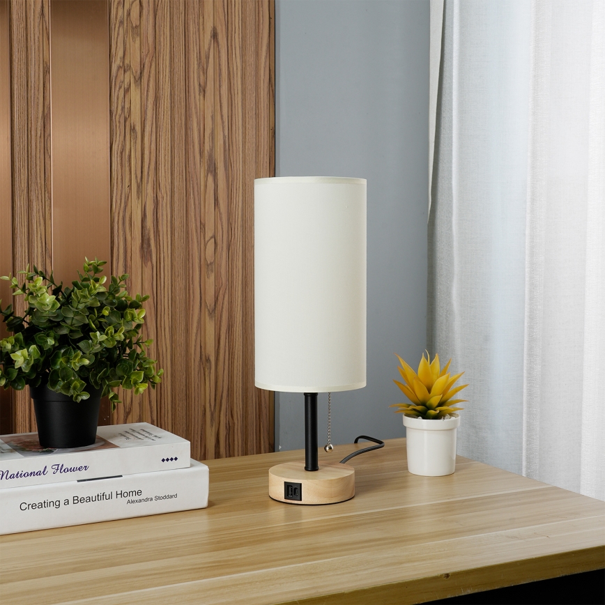 Brilagi - Namizna svetilka z USB-priključkom TABLON 1xE27/25W/230V hrast/črna/krem