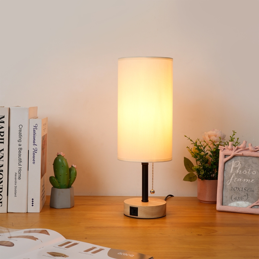 Brilagi - Namizna svetilka z USB-priključkom TABLON 1xE27/25W/230V hrast/črna/krem