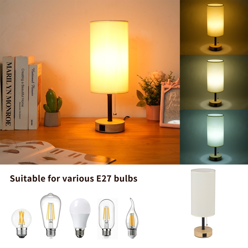 Brilagi - Namizna svetilka z USB-priključkom TABLON 1xE27/25W/230V hrast/črna/krem