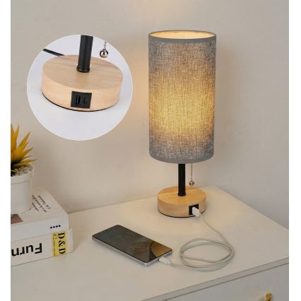 Brilagi - Namizna svetilka z USB-priključkom TABLON 1xE27/25W/230V hrast/črna/siva