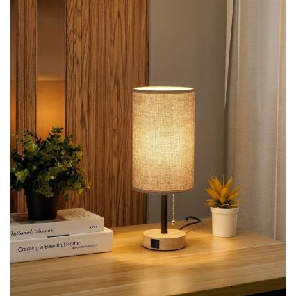 Brilagi - Namizna svetilka z USB-priključkom TABLON 1xE27/25W/230V hrast/črna/siva