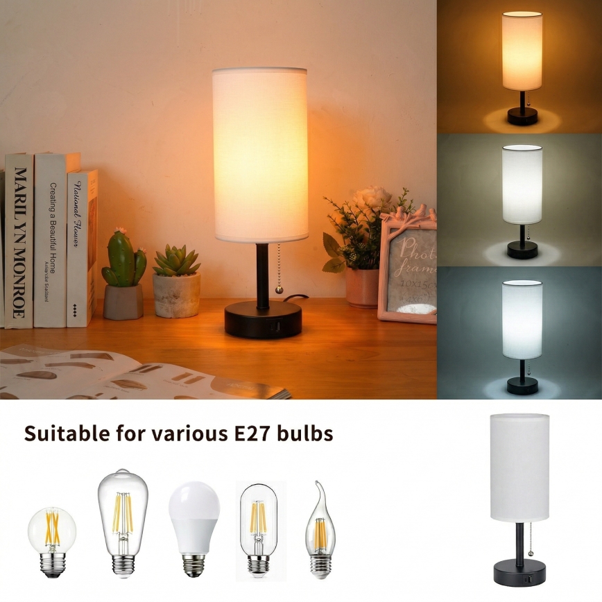 Brilagi - Namizna svetilka z USB-vhodom TABLON 1xE27/25W/230V črna/bela