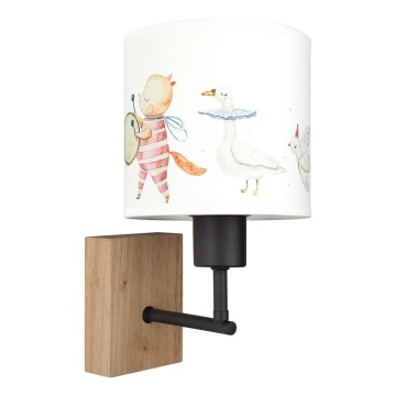 Brilagi - Otroška stenska svetilka BOBO WOOD 1xE27/25W/230V hrast/črna/bela/z živalskimi motivi
