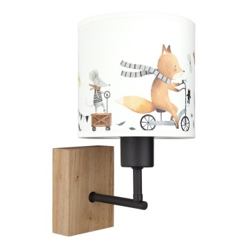 Brilagi - Otroška stenska svetilka BOBO WOOD 1xE27/25W/230V hrast/črna/bela/živalski motiv