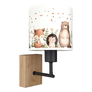 Brilagi - Otroška stenska svetilka BOBO WOOD 1xE27/25W/230V hrast/črna/bela/živalski motiv