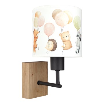Brilagi - Otroška stenska svetilka BOBO WOOD 1xE27/25W/230V hrast/črna/bela/živalski motivi
